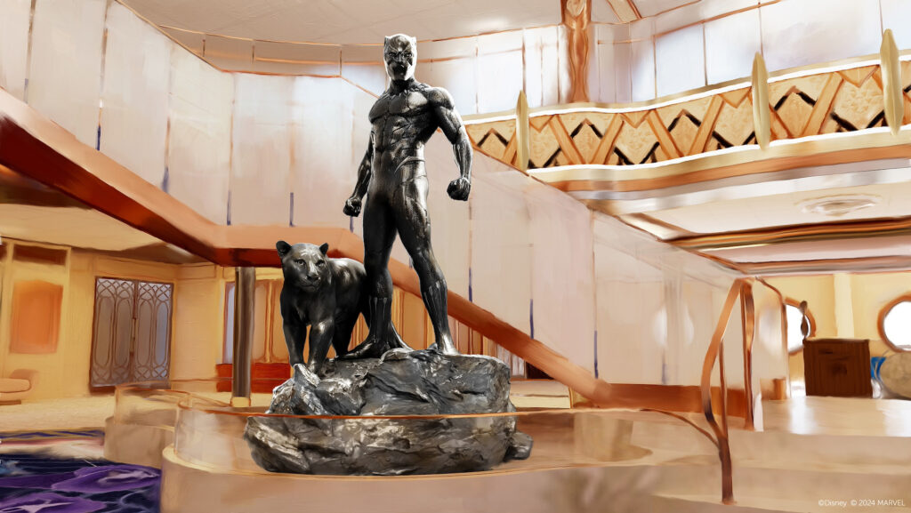 Black Panther standbeeld in het atrium van Disney Destiny
